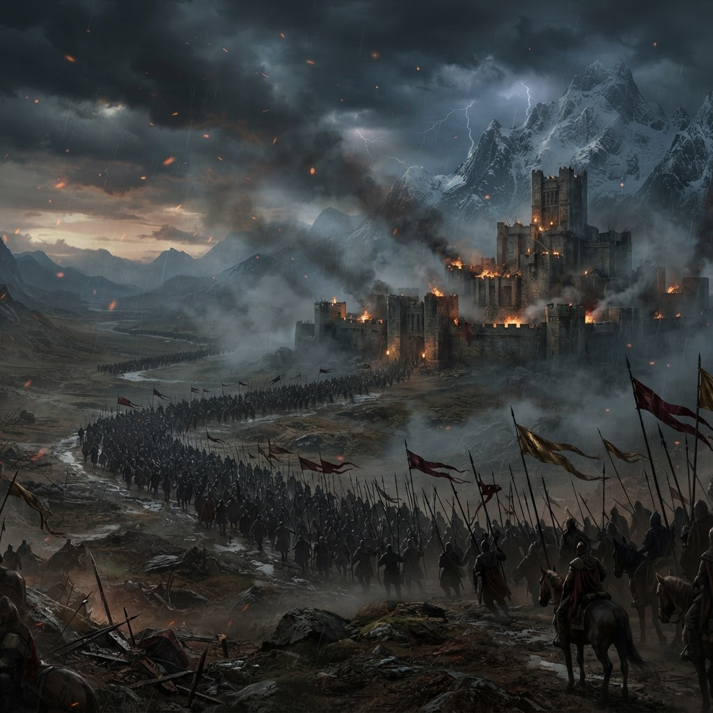 Um campo de batalha medieval ao entardecer, com exércitos, estandartes e uma fortaleza sitiada